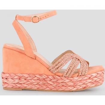 Sandalias de cuña de mujer Blogger MIRANDA en color naranja con adorno de rafia trenzado y cierre de hebilla
