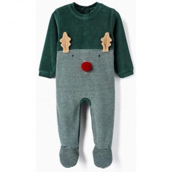 Pijama de bebé niño en terciopelo verde/ blanco con motivo navideño