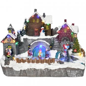 Pueblo Navideño con Luces LED y Árbol Giratorio
