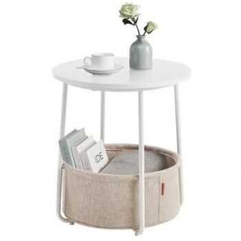 VASAGLE Mesa Auxiliar Redonda con Cesta de Tela, Espaciosa, para Salón, Dormitorio o Mesita de Noche, Estilo Moderno, Disponible en Varios Colores, Blanco Mate y Marrón Camello