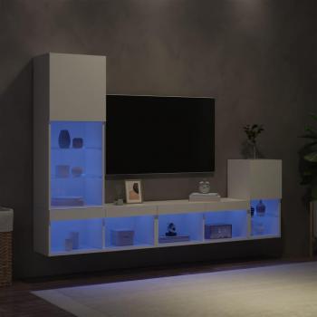 Mueble de TV Pared 4 Piezas con LED Blanco en Madera Ingenierizada