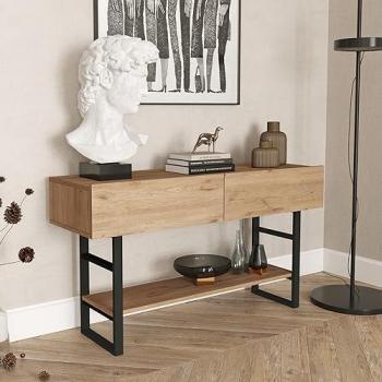 Mesa consola Lappeenranta 139x43x76 cm con estante y 2 puertas de metal y aglomerado - Roble/Negro