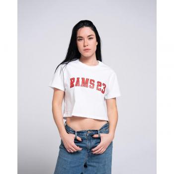 Camiseta de mujer Rams 23 University White con estampado y diseño corto y ancho