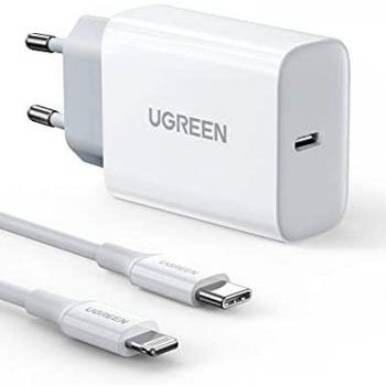 UGREEN 20W Cargador USB C Power Delivery 3.0, Cargador Tipo C con Cable MFI Soporta QC4.0/ QC 3.0 Compatible con iPhone 13 Pro/12/12 Pro/SE 2022/11/X iPad Pro Air Redmi Note11 Galaxy S22/S21-Blanco