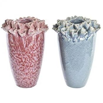 Jarrón DKD Home Decor Rosa Turquesa Gres Flor Mediterráneo 18 x 18 x 25 cm y 16 x 16 x 26 cm (2 Unidades)