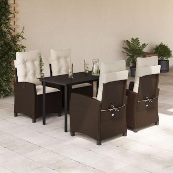 5-Piece Brown Poly Rattan Garden Dining Set with Cushions