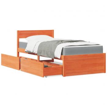 Cama con cajones y colchón de pino macizo 90x190 cm cera marrón