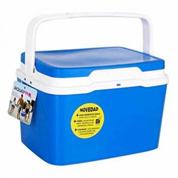 Nevera portátil de 5 litros con asa, polipropileno, ideal para playa y camping, dimensiones 19 x 26 x 20 cm, color azul y blanco