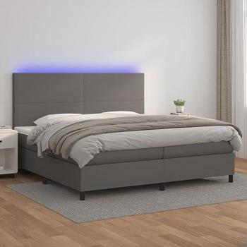 Cama box spring con colchón y LED de cuero sintético gris 200x200 cm