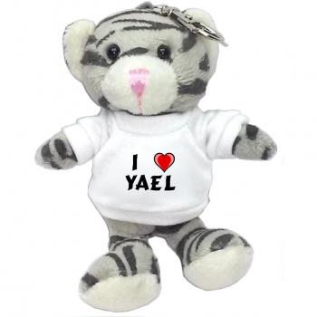 Gato gris de peluche (llavero) con Amo Yael en la camiseta (nombre de pila/apellido/apodo)