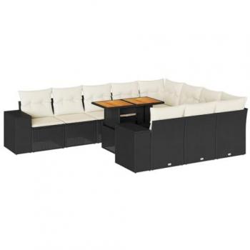 10-Piece Black Poly Rattan Acacia Garden Sofa Set with Cushions