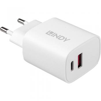 Cargador Universal Lindy 73413 de 20W USB Tipo A y C, Blanco, Corriente alterna, Carga rápida, Interior