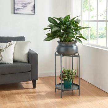 Soporte para Plantas Altena de Metal Negro 2 Niveles 60 x 27 x 27 cm con Estante y Macetero Extraíble