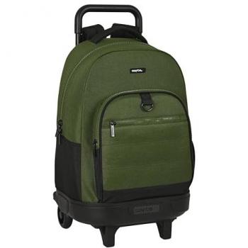 Mochila Escolar con Ruedas Safta Dark Forest Negra y Verde, dimensiones 33 x 45 x 22 cm, diseño compacto, extraíble, ideal para niños de diferentes edades, cómoda y versátil, calidad y resistencia