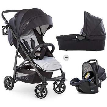 Hauck Rapid 4S Plus Trioset con capazo y asiento para bebé y asiento reclinable, desde nacimiento, capota extra grande, ajustable en altura, plegable, portavasos, hasta 25 kg, negro gris