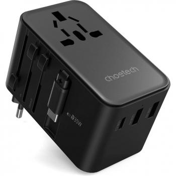 Adaptador de Viaje Multirregión Choetech 35W con Cable USB-C Integrado - Negro