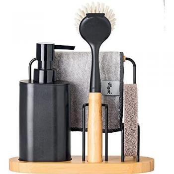 Set Organizador Fregadero Vintage 4 Piezas con Dispensador de Jabón y Accesorios - Estante para Cocina en Negro y Bambú Mate