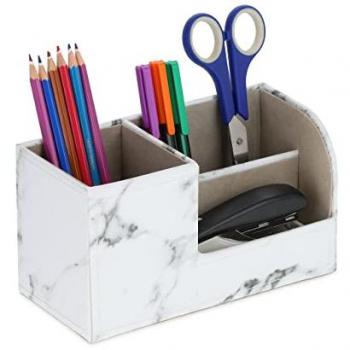 Organizador de Escritorio Efecto Mármol con 3 Compartimentos, Porta Lápices, 11 x 20 x 9 cm, Blanco - Relaxdays
