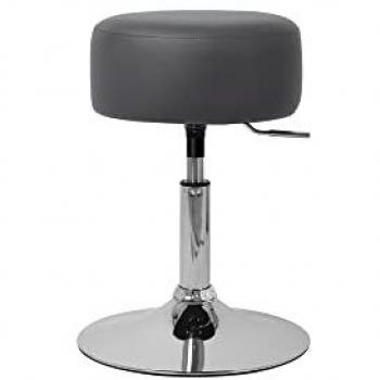 Taburete de Maquillaje Ergonomico Tapizado en Imitación Piel, Acero Cromado, Gris Oscuro, Asiento Redondo Ø 33cm, Altura Regulable 52-65cm, Silla