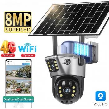 Cámara Solar 4K 8MP Inalámbrica PTZ Doble Lente con Pantalla Dual, 4G/WiFi, Seguimiento Automático y Protección de Seguridad para Exterior