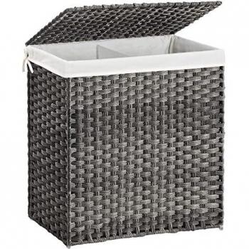 SONGMICS Cesto de la Ropa, Cesto de la Colada, Tejido a Mano, Cesto de Lavandería con Compartimentos Separados, Ratán Sintético, con Tapa y Asas, Plegable, Bolsa de Forro Extraíble, Gris LCB52WG