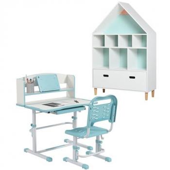 Conjunto Infantil Zonekiz: Incluye 1 Estantería con 8 Compartimentos Abiertos y 1 Juego de Escritorio y Silla Altura Ajustable, Multicolor, Dimensiones 80 x 54.5 x