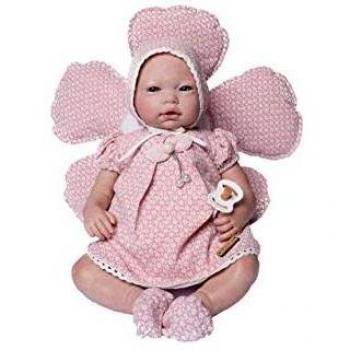 Muñecas Guca- MUÑECA Reborn Aitana con Vestido Y Capota Estampado Floral Rosa ACOMPAÑADA DE COJÍN Flor 46CM, Multicolor