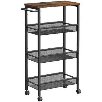Carro de cocina estrecho de 4 niveles con ruedas, marco de acero, para baño, salón y estudio, disponible en marrón rústico o blanco y roble, dimensiones 22x45,5x77 cm