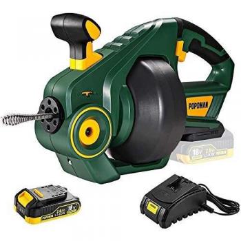 Desatascador de Desagües, POPOMAN 18V Desatascador Profesional de Drenaje, Eje Flexible de 7.6 m, 0~560RPM, 2.0Ah Batería, Velocidades Variables, Adecuado para diámetro de tubería de 19-50 mm-MTW700B