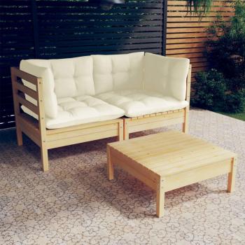 3-Piece Garden Lounge Set with Cream Cushions Pinewood