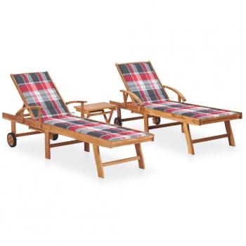 Teak Wood Sun Loungers Set with Table and Cushions - 2 Pieces