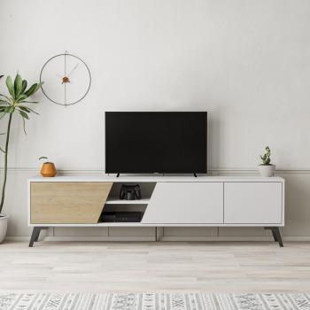 Mueble TV Fiona 180 cm Blanco - Roble / Roble - Gris con 3 puertas y efecto blanco
