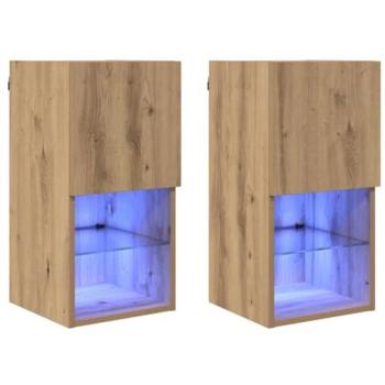 Conjunto de 2 muebles de pared modernos para TV con estantes prácticos y bandas LED USB, dimensiones 30,5 x 30 x 60 cm, fabricados en madera de roble artesanal