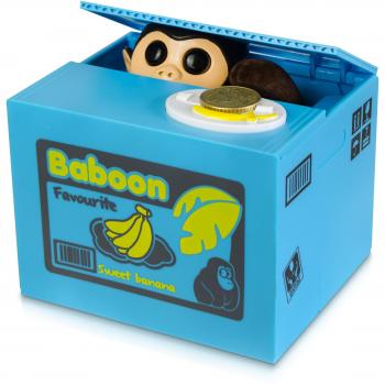 Caja de fruta de la caja de dinero con mono - Diseño azul de mono ladrón - Caja de dinero eléctrica de artilugio como una idea de regalo - Grinscard