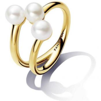 Anillo Abierto de Pandora con Perlas Cultivadas de Agua Dulce en Color Dorado y Tratamiento Blanco - Talla 58