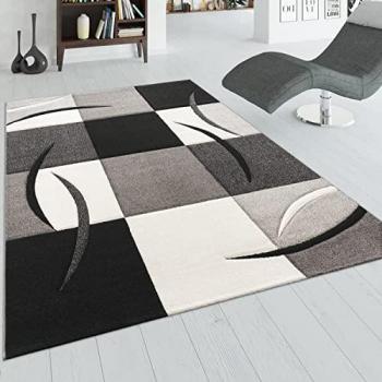 Alfombra de Diseño Perfilado a Cuadros en Negro, Blanco y Gris, Tamaño: 120x170 cm
