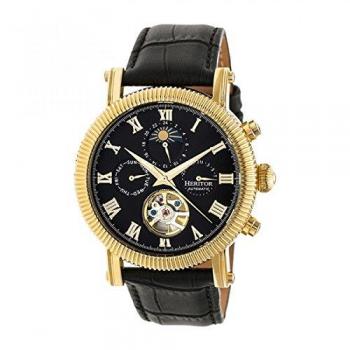 Heritor Winston Automatic Semi-Skeleton Leather Watch - Black/Gold, One Size