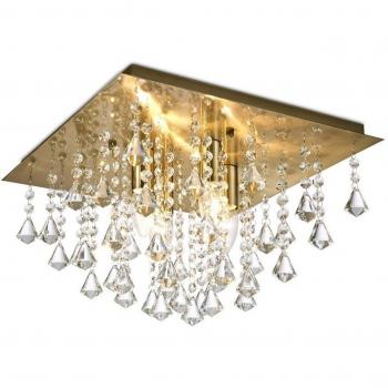 Plafón de diseño Acton Latón antiguo 4 bombillas 24,5cm, cuadrado de 380 mm, techo a ras de techo, 4 luces E14, cristal prisma