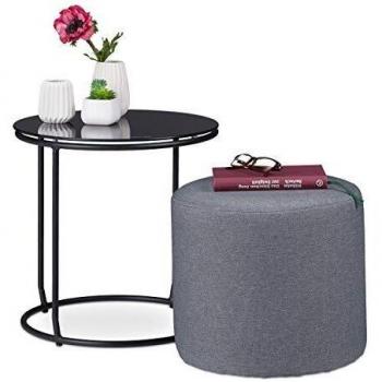 Mesa Auxiliar con Taburete Redondo, Mesita Café Espacio Ahorro, Metal-Cristal-Poliéster, 40x40cm, Negro y Gris