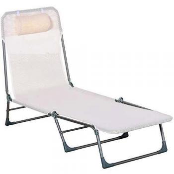 Outsunny Tumbona Plegable y Reclinable de Jardín con Reposacabezas y Respaldo Ajustable en 5 Niveles Tela de Texteline Transpirable 182x56x24,5 cm Crema