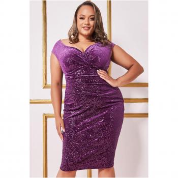 Goddiva Plus Sequin & Velvet Bardot Midi Dress - Purple