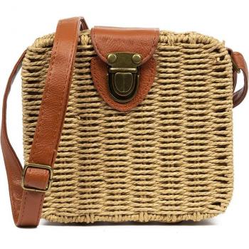 Bolso bandolera Camel de Iria Quintana con detalles en tejido de paja y piel sintética PU