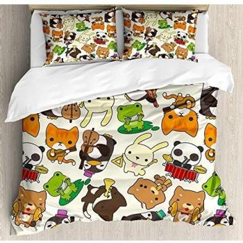 Juego de ropa de cama de 3 piezas para guardería, juego de funda nórdica, estilo de dibujos animados, banda de música animal, pingüino en violonchelo, gato en guitarra, impresión de batería en tambore