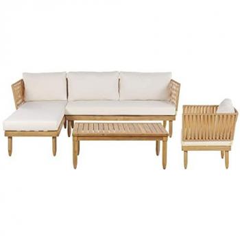 Conjunto de Salón Exterior 4 Plazas Madera de Acacia con Cojines Blancos y Mesa de Café Derecho