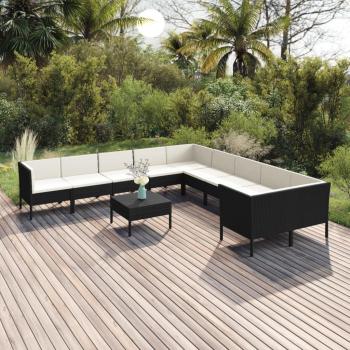 11-Piece Black Poly Rattan Garden Lounge Set with Cushions