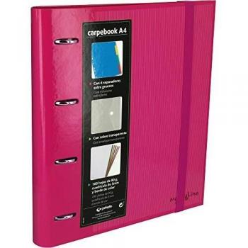 Grafoplás 88102054. Carpeta 4 anillas troqueladas A4 con sobre transparente, 4 separadores y 100 hojas, color rosa, 4 anillas de 35mm, cierre de goma. Carpbook Multiline