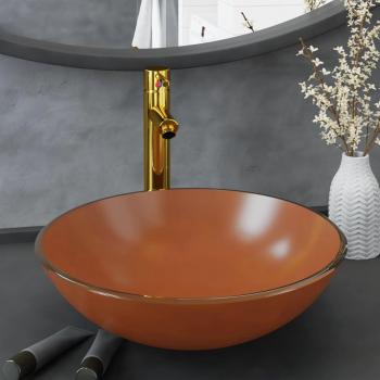 Lavabo con grifo, tapón pulsador y cristal templado marrón