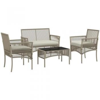Outsunny Conjunto de Muebles de Jardín de Ratán Juego de 4 Piezas con 1 Sofá de 2 Plazas, 2 Sillones, Cojines y 1 Mesa de Centro con Tablero