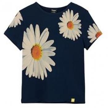 Camiseta Casual de Viscosa para Niña Desigual con Manga Corta y Diseño de Margaritas en Color Marino (7/8 años = 128 cm)