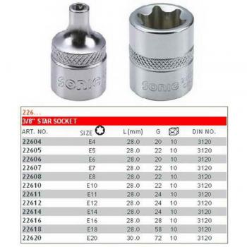 Llave de vaso 3/8 E-TORX SONIC 22604SON - Cubos insertables, fabricada en acero al cromo vanadio, acabado pulido, compatible con tornillos E-Torx, tamaño